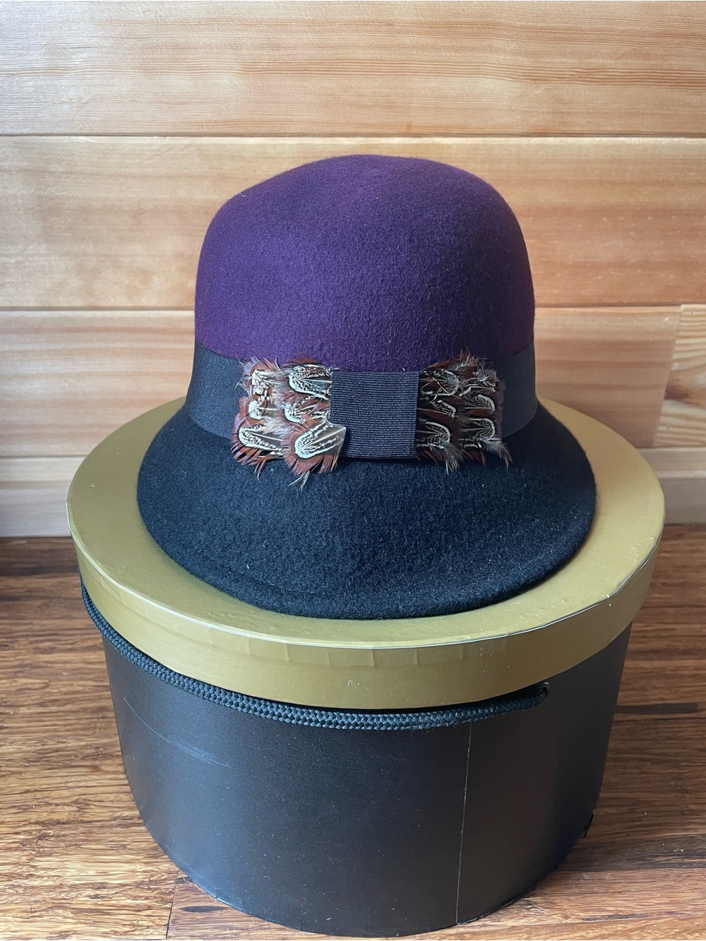 Swan Hat New York Wool Purple and Black Felt Cloche Hat with Feather Trim